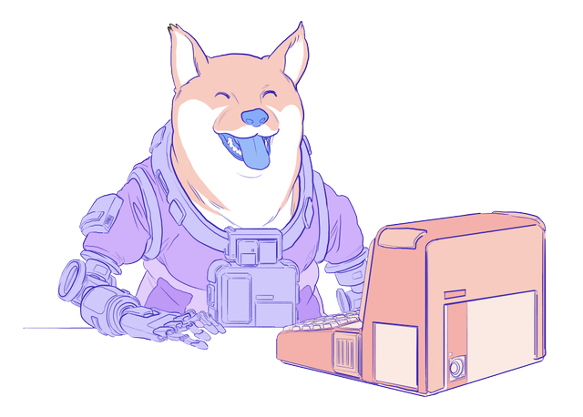 Illusztráció egy számítógépet használó doge-kutyáról.